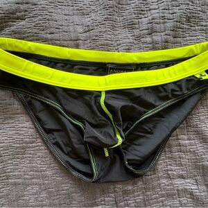 Men’s black and neon yellow bikini swimwear. Andrew Christian. Large